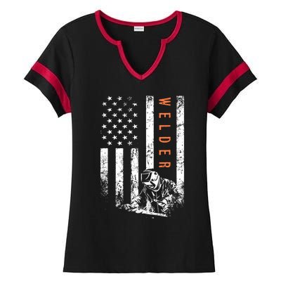 Welder Vintage USA American Flag Welding Ladies Halftime Notch Neck Tee