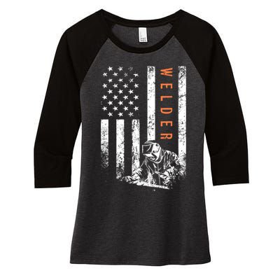 Welder Vintage USA American Flag Welding Women's Tri-Blend 3/4-Sleeve Raglan Shirt