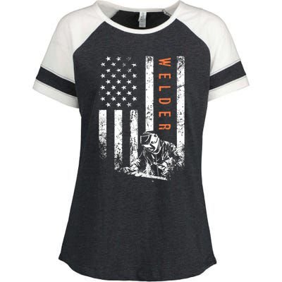 Welder Vintage USA American Flag Welding Enza Ladies Jersey Colorblock Tee