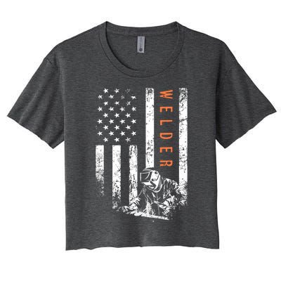 Welder Vintage USA American Flag Welding Women's Crop Top Tee