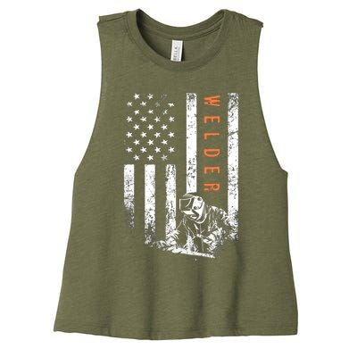 Welder Vintage USA American Flag Welding Women's Racerback Cropped Tank