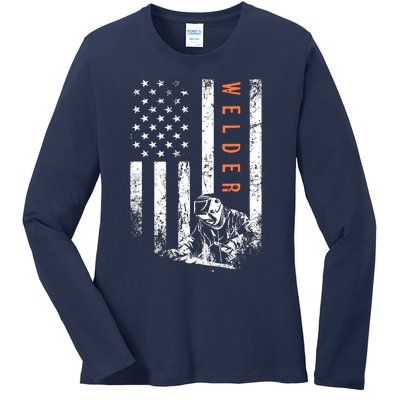 Welder Vintage USA American Flag Welding Ladies Long Sleeve Shirt