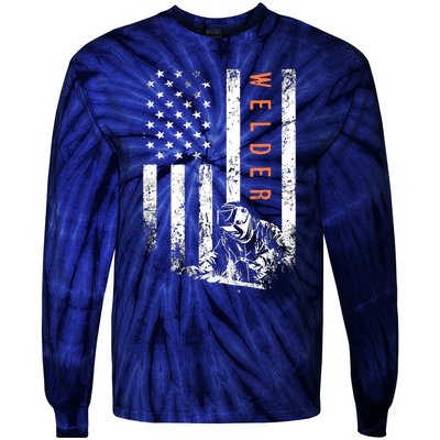 Welder Vintage USA American Flag Welding Tie-Dye Long Sleeve Shirt