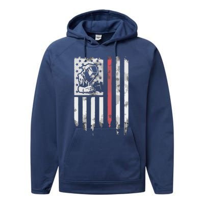 Welder Vintage USA American Flag Patriotic Welding Performance Fleece Hoodie