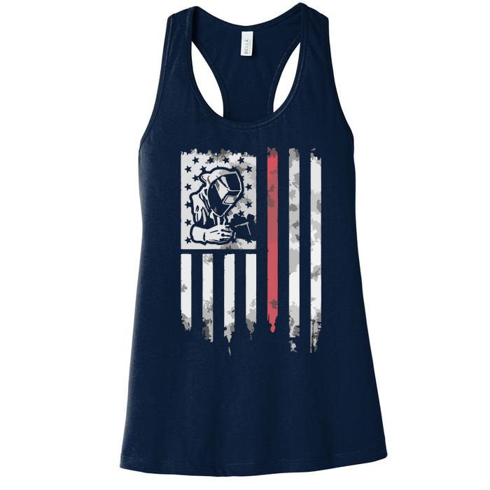 Welder Vintage USA American Flag Patriotic Welding Women's Racerback Tank