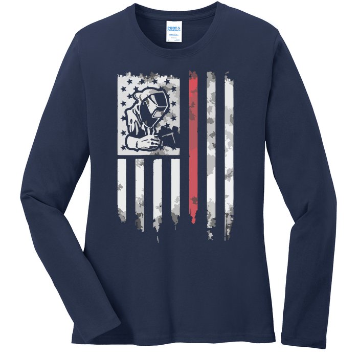 Welder Vintage USA American Flag Patriotic Welding Ladies Long Sleeve Shirt