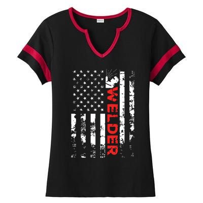 Welder Vintage USA American Flag Welding Ladies Halftime Notch Neck Tee