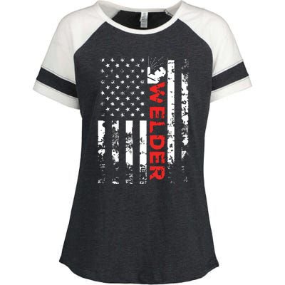 Welder Vintage USA American Flag Welding Enza Ladies Jersey Colorblock Tee