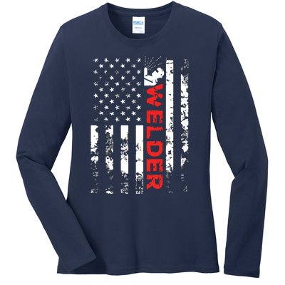 Welder Vintage USA American Flag Welding Ladies Long Sleeve Shirt