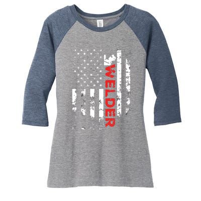 Welder Vintage USA American Flag Welding Women's Tri-Blend 3/4-Sleeve Raglan Shirt