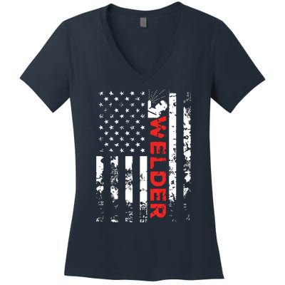 Welder Vintage USA American Flag Welding Women's V-Neck T-Shirt