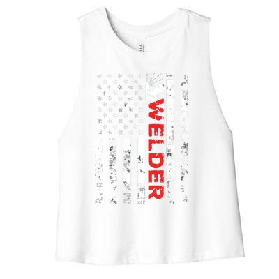 Welder Vintage USA American Flag Welding Women's Racerback Cropped Tank