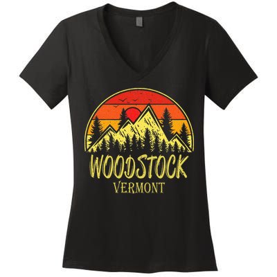 W.O.O.D.S.T.O.C.K Vermont Vt Mountains Hike Hiking Souvenir Women's V-Neck T-Shirt