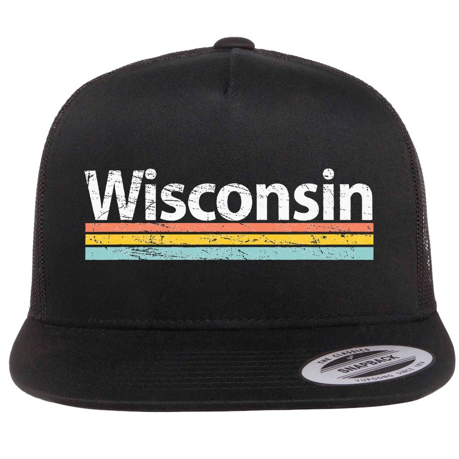 Wisconsin Vintage Worn Design Retro Stripes Flat Bill Trucker Hat