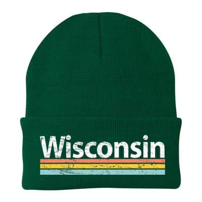 Wisconsin Vintage Worn Design Retro Stripes Classic Knit Cap Winter Beanie