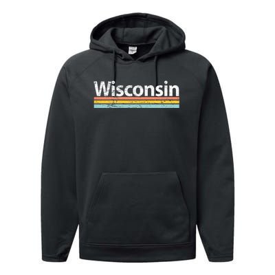 Wisconsin Vintage Worn Design Retro Stripes Classic Performance Fleece Hoodie