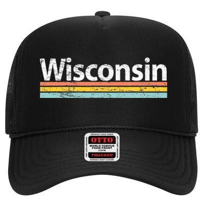 Wisconsin Vintage Worn Design Retro Stripes Classic High Crown Mesh Back Trucker Hat