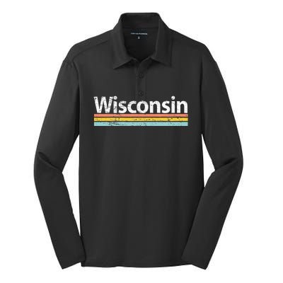 Wisconsin Vintage Worn Design Retro Stripes Classic Silk Touch Performance Long Sleeve Polo