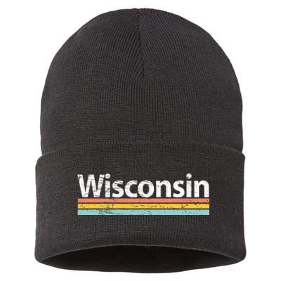 Wisconsin Vintage Worn Design Retro Stripes Classic Sustainable Knit Beanie