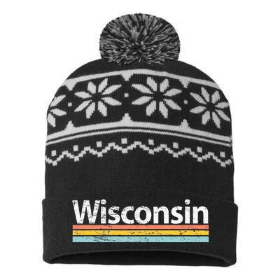 Wisconsin Vintage Worn Design Retro Stripes Classic USA-Made Snowflake Beanie