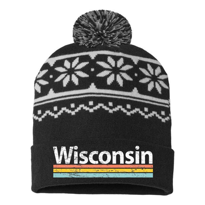 Wisconsin Vintage Worn Design Retro Stripes Classic USA-Made Snowflake Beanie