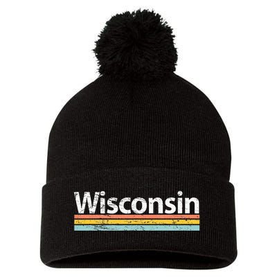 Wisconsin Vintage Worn Design Retro Stripes Classic Pom Pom 12in Knit Beanie