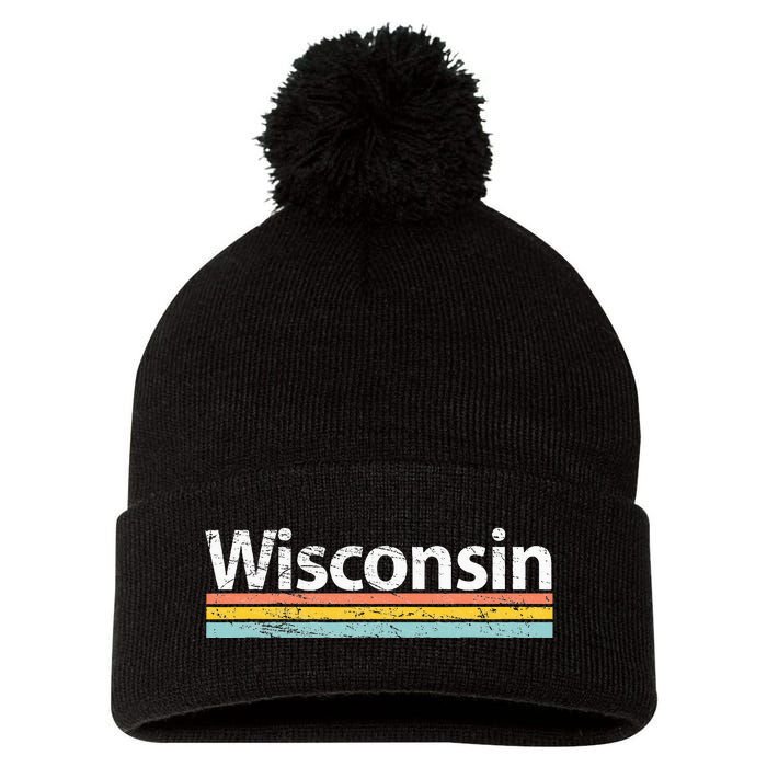 Wisconsin Vintage Worn Design Retro Stripes Classic Pom Pom 12in Knit Beanie