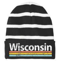 Wisconsin Vintage Worn Design Retro Stripes Classic Striped Beanie with Solid Band