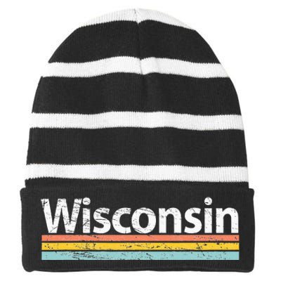 Wisconsin Vintage Worn Design Retro Stripes Classic Striped Beanie with Solid Band