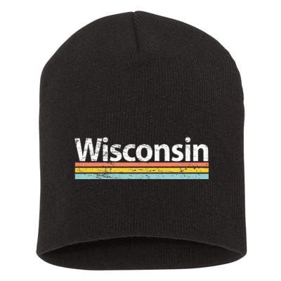 Wisconsin Vintage Worn Design Retro Stripes Classic Short Acrylic Beanie