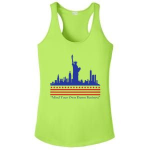 Waltz Walz 2024 Mind Your Own Business Campaign Art Ladies PosiCharge Competitor Racerback Tank