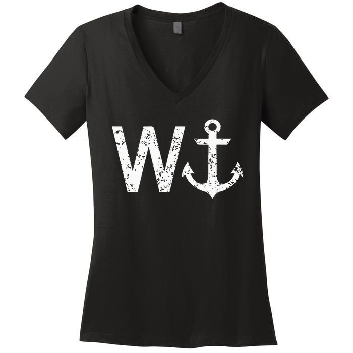 Wanker W Anchor Funny Nautical Insult Wordplay Cruise Sail Women's V-Neck T-Shirt