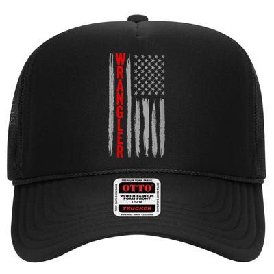 Wo Wrangler American Flag US Wrangler USA Flag High Crown Mesh Back Trucker Hat