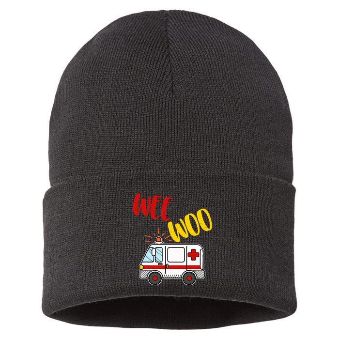 Wee Woo Ambulance Amr Funny Ems Emt Paramedic Gift Sustainable Knit Beanie