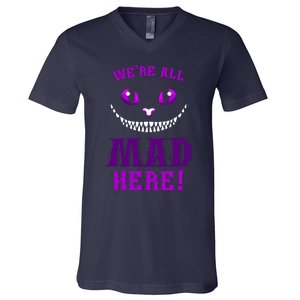 Womens We're All Mad Here Grinning Cheshire Cat Wonderland V-Neck T-Shirt