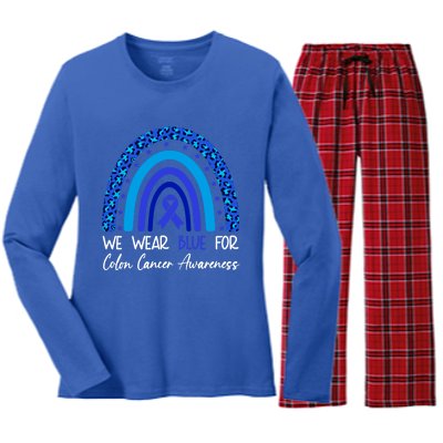 We Wear Blue For Colon Cancer Awareness Colorectal Rainbow Meaningful Gift Women's Long Sleeve Flannel Pajama Set 