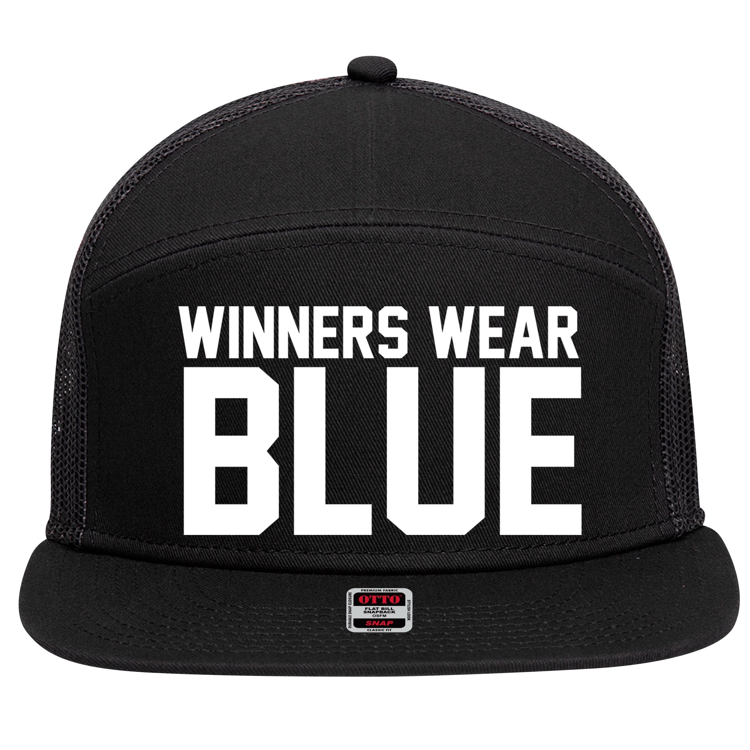 Winners Wear Blue Game Competition 7 Panel Mesh Trucker Snapback Hat