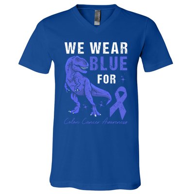 We Wear Blue For Colon Cancer Awareness Tgiftrex Dino Meaningful Gift V-Neck T-Shirt