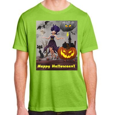 Witch With Black Cat Bats & Pumpkin Halloween Special Adult ChromaSoft Performance T-Shirt