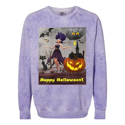 Witch With Black Cat Bats & Pumpkin Halloween Special Colorblast Crewneck Sweatshirt