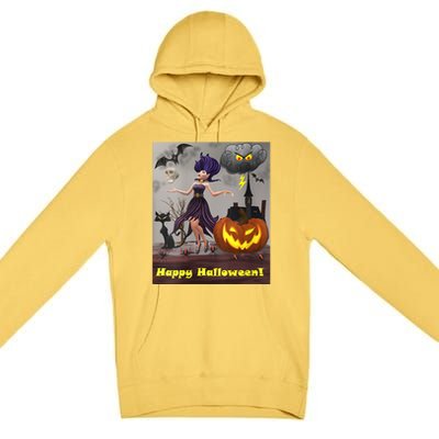 Witch With Black Cat Bats & Pumpkin Halloween Special Premium Pullover Hoodie