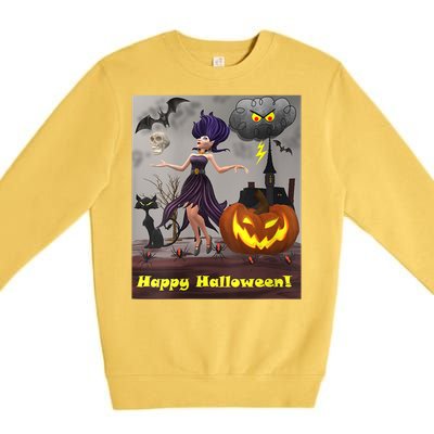 Witch With Black Cat Bats & Pumpkin Halloween Special Premium Crewneck Sweatshirt