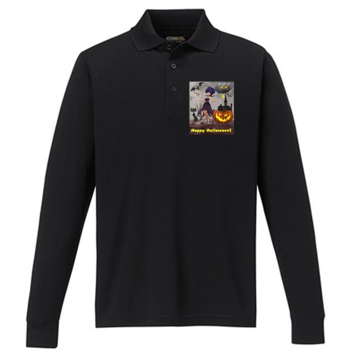 Witch With Black Cat Bats & Pumpkin Halloween Special Performance Long Sleeve Polo