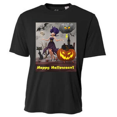 Witch With Black Cat Bats & Pumpkin Halloween Special Cooling Performance Crew T-Shirt