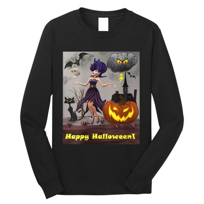 Witch With Black Cat Bats & Pumpkin Halloween Special Long Sleeve Shirt