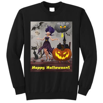 Witch With Black Cat Bats & Pumpkin Halloween Special Sweatshirt