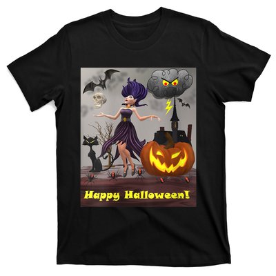 Witch With Black Cat Bats & Pumpkin Halloween Special T-Shirt