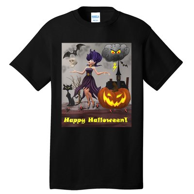 Witch With Black Cat Bats & Pumpkin Halloween Special Tall T-Shirt