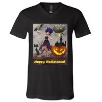 Witch With Black Cat Bats & Pumpkin Halloween Special V-Neck T-Shirt