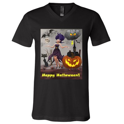 Witch With Black Cat Bats & Pumpkin Halloween Special V-Neck T-Shirt